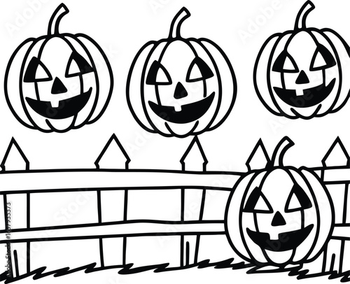 Row of glowing jack o lanterns lined up on a wooden fence isolated on white background isolated on transparent background