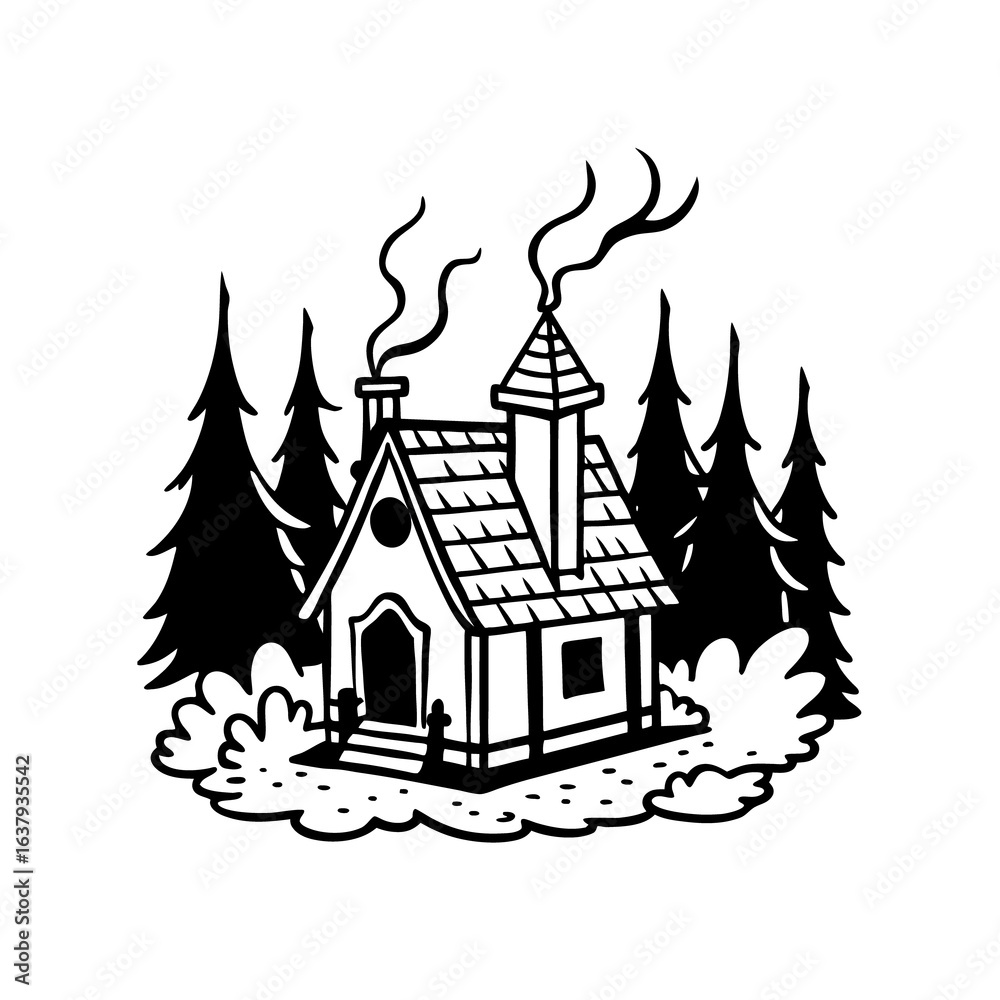 Naklejka premium Whimsical hand drawn cabin nestled amongst tall pine trees emitting smoke isolated on white background isolated on transparent background