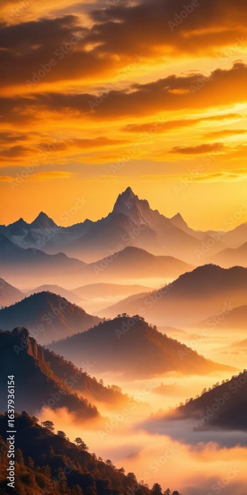 Obraz premium A majestic mountain range at dusk with misty peaks and serene valleys