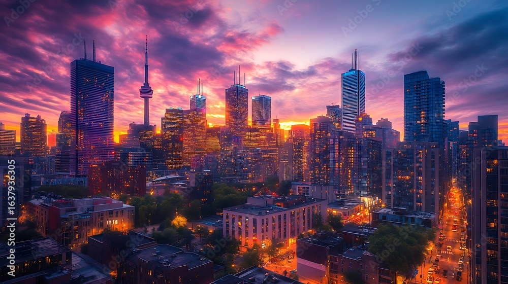 Fototapeta premium City Skyline at Sunset with Vibrant Sky and Building Lights