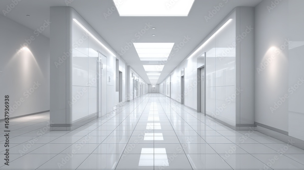 Fototapeta premium Modern Hospital Hallway Interior with White Walls and Shiny Floor Tiles, Clean Design, Empty Space