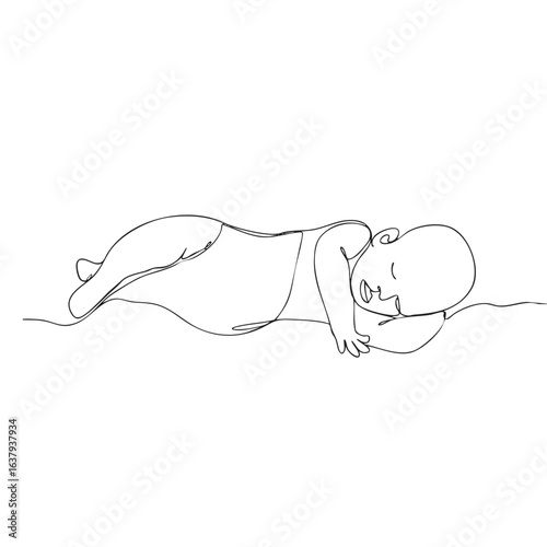 Minimalist one-line drawing of a newborn baby sleeping peacefully, connected by an umbilical cord. Elegant black continuous line art, simple design, perfect for maternity, birth, and family themes.