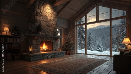 Cozy mountain lodge living room with roaring fireplace and large window overlooking snowy landscape