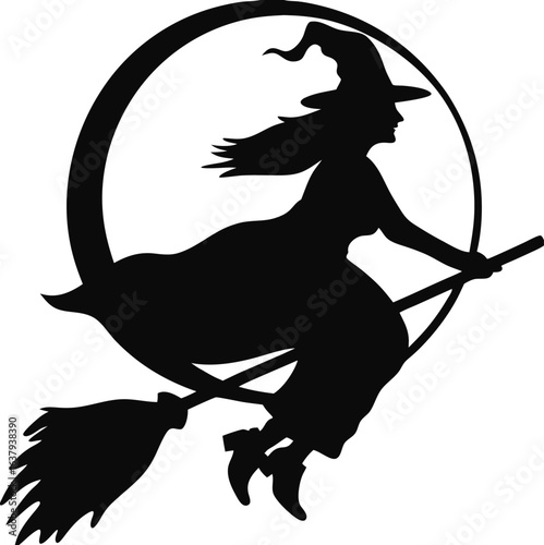 Classic witch flying on broomstick over the moon halloween illustration isolated on white background isolated on transparent background