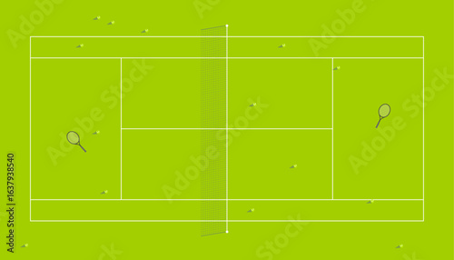Bright green tennis court with racquets and net.