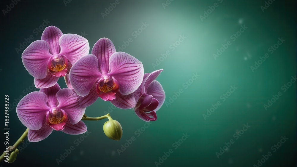 Fototapeta premium Exotic orchid with intricate purple and white marbled patterns on a dark green background