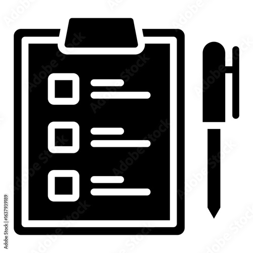 Task List Glyph Black Silhouette Icon Design Vector - Clipboard with checklist and pen, representing task planning, to-do list, or work tracking