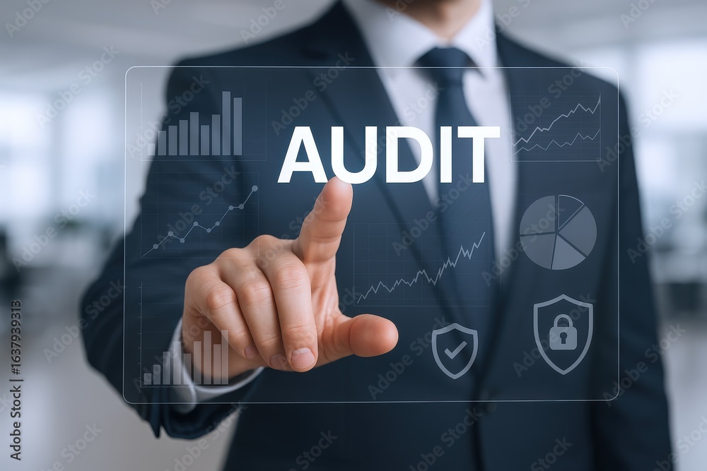 Man in Suit Touching a Digital Screen Displaying the Word Audit, with Graph Icons Man in Suit Touching a Digital Screen Displaying the Word Audit, with Graph Icons