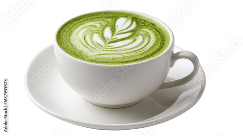 Matcha Latte Art in White Ceramic Cup , Creamy Green Tea Beverage with Leaf Design isolated on transparent background