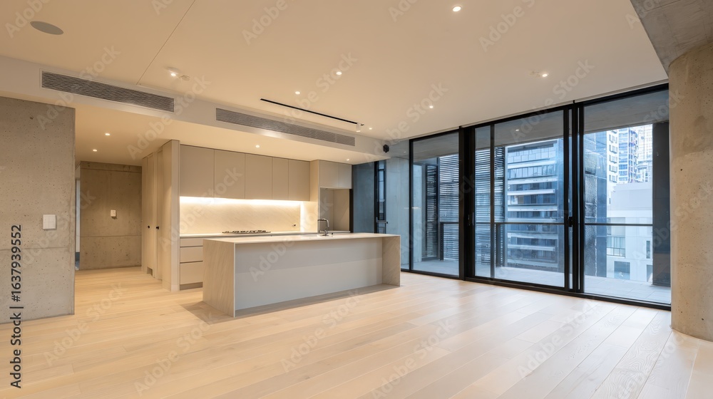 Obraz premium Modern Apartment Interior with Open Floor Plan, Kitchen Island, and City View Balcony Windows