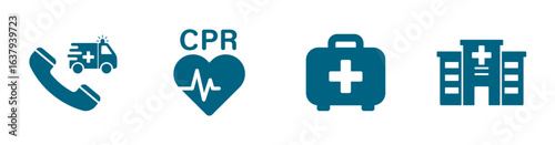 Emergency medical icon with ambulance call, CPR, first aid kit, hospital.