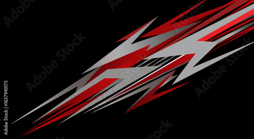  Red and Silver Lightning Vector on Black Background,Dynamic Racing Stripes Vector Graphic,Geometric Layered Car Wrap Design
