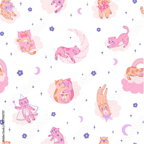 Seamless pattern with adorable magical kittens