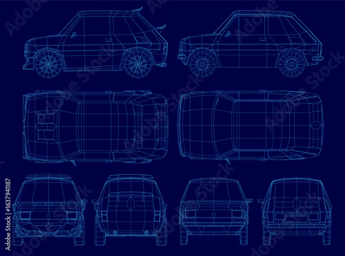 Blueprint of a car displayed as a wireframe on a blue background, highlighting the intricate design and structural components. The detailed view showcases precise shapes and dimensions of the vehicle.