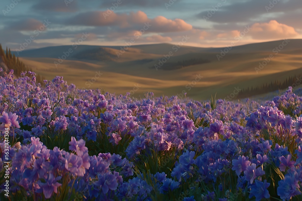 Obraz premium Beautiful Field of Purple Flowers with Rolling Hills at Sunset.