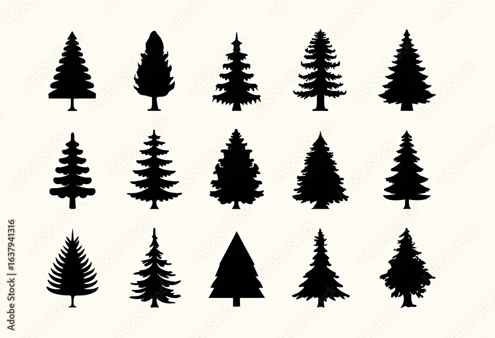 Obraz premium Silhouettes of various evergreen trees