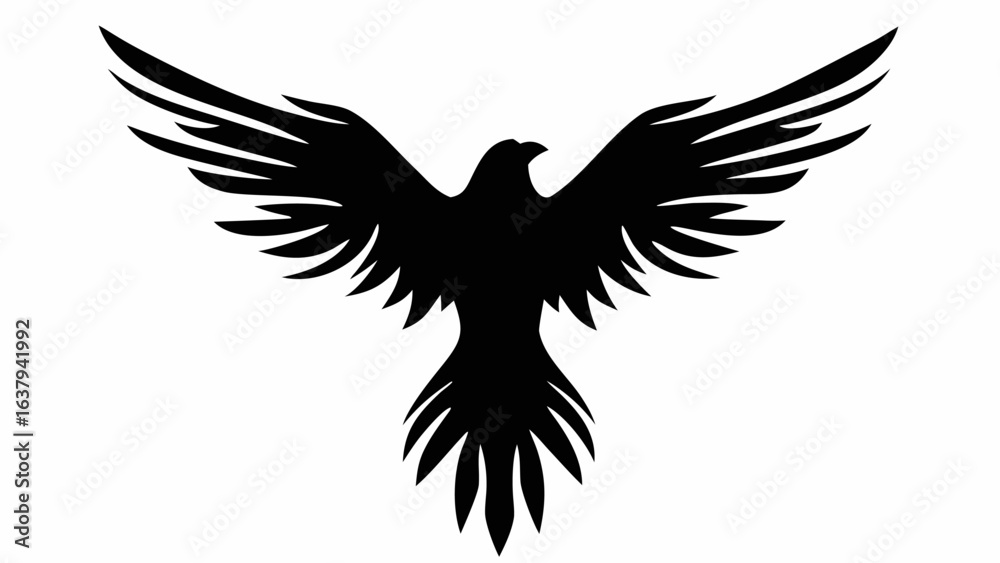 Fototapeta premium Silhouette of a bird with spread wings displaying its feathers in a symmetrical design element style