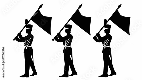 Silhouettes of three flag bearers in uniform holding flags on poles in a marching formation line up