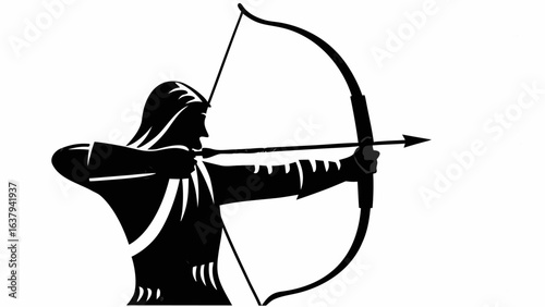 Silhouette of an archer with a bow and arrow aiming at a target in a black and white illustration