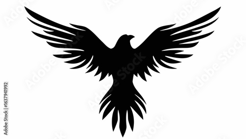 Silhouette of a bird with spread wings displaying its feathers in a symmetrical design element style