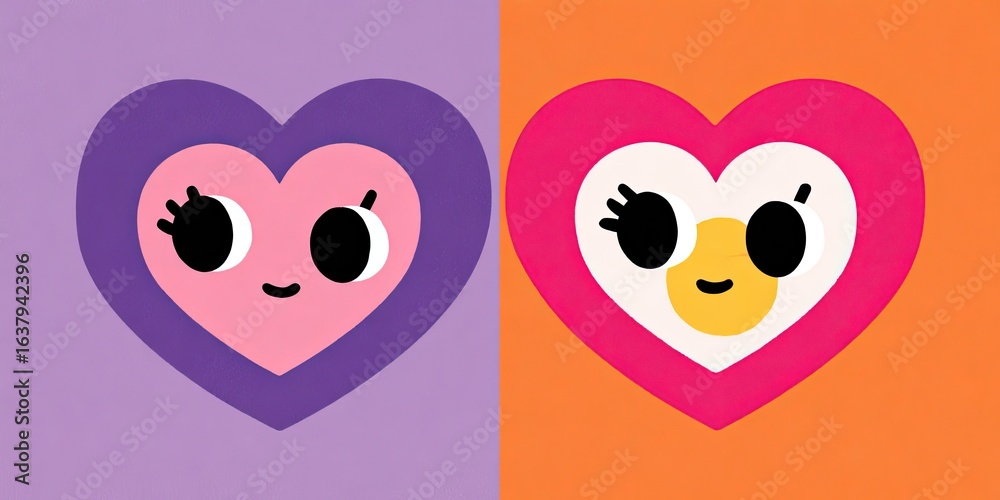 Fototapeta premium Two hearts with cute faces, one on purple, the other on orange