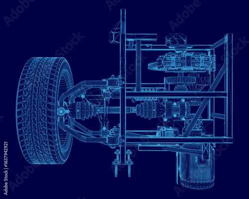 Blueprint of a car's suspension system displays a detailed wireframe view of the wheel and its components on a blue background. The drive unit and module are clearly outlined with precise engineering.