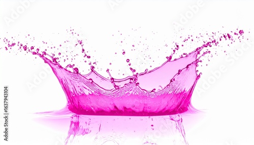 A Dynamic splash of pink liquid with droplets, captured mid-motion against a white background