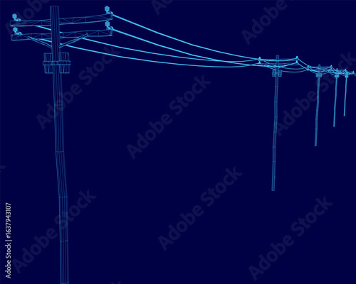 A detailed wireframe blueprint of an electrical power pole with power lines, set against a clean blue background. The technical drawing highlights structural components and wiring connections.
