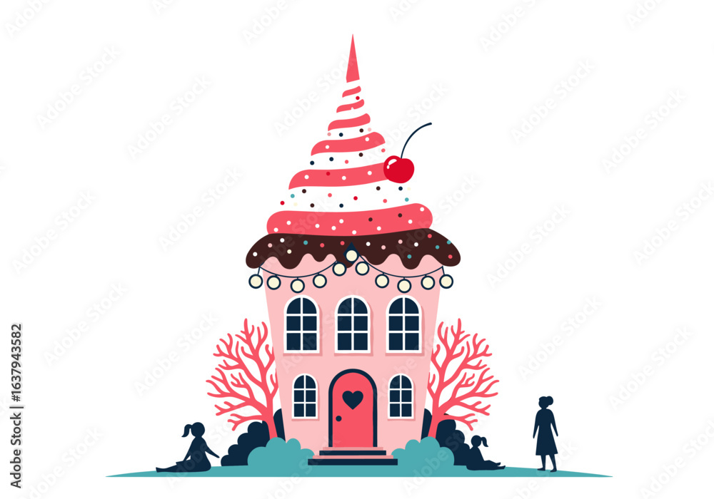 Fototapeta premium A whimsical cupcake shaped house featuring charming details and outdoor elements for a delightful scene