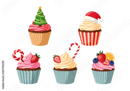 Delicious festive holiday cupcakes decorated with christmas tree santa hat candy fruit and berries for celebration