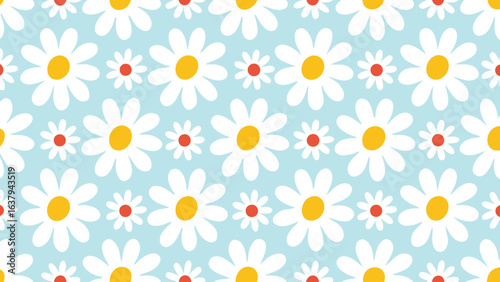 Seamless pattern of white daisies with yellow centers and smaller red centered flowers on a light blue background