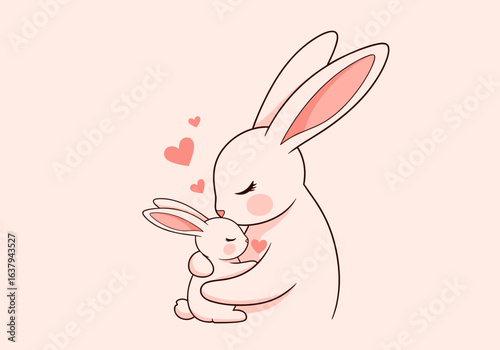 Adorable mother rabbit hugging her little bunny with love and hearts floating around them