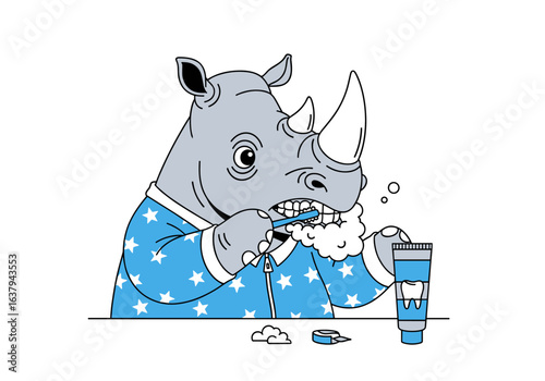 A rhinoceros in blue pajamas brushing its teeth with toothpaste and brush creating a lot of foam