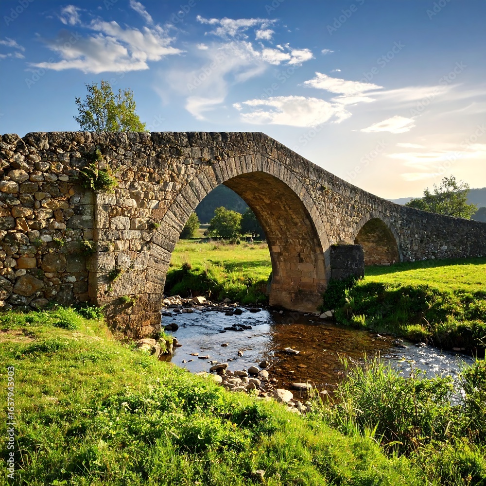 Fototapeta premium Rustic stone arch bridge spans a calm stream, nestled in a verdant pastoral scene under a partly cloudy sky