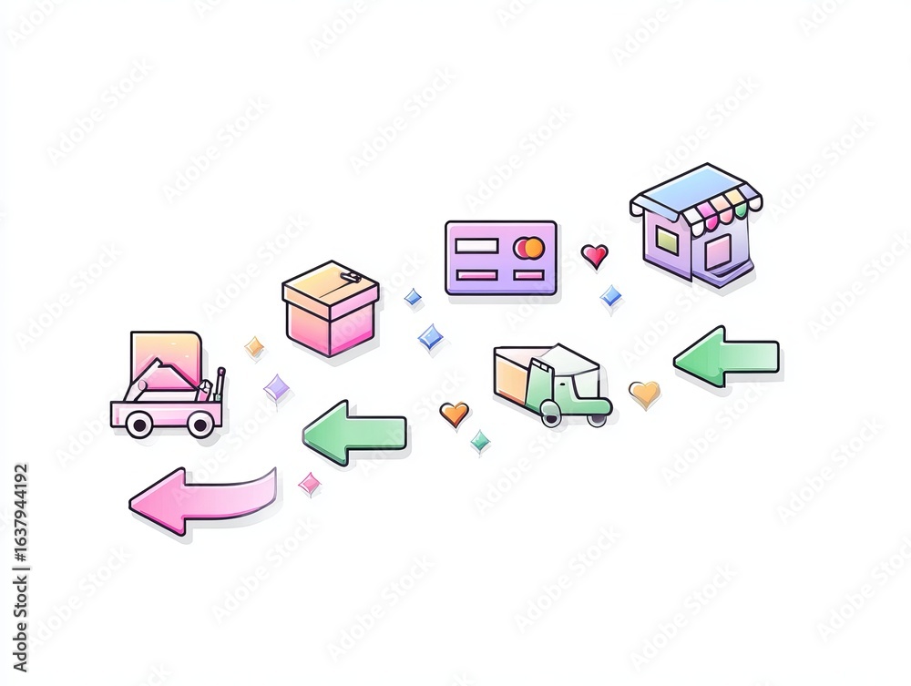 Fototapeta premium Whimsical colorful cartoon icons of order process steps cart, credit card, box, truck, and doorstep aligned horizontally with playful arrows connecting them