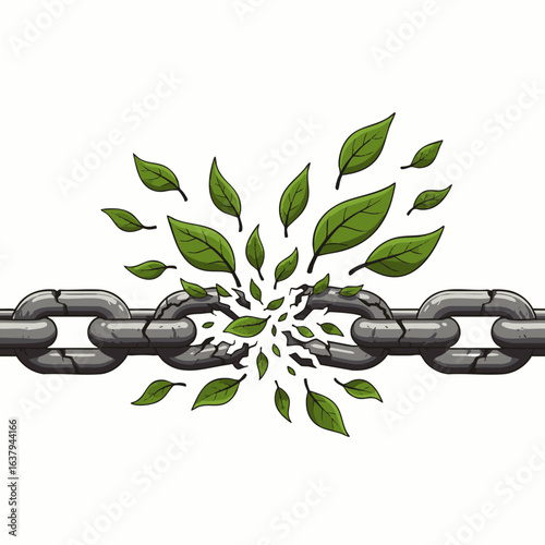 An impactful illustration of a sturdy metal chain breaking, with lush green leaves exploding outwards, symbolizing the triumph of nature and liberation from restrictions.