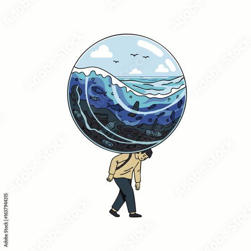 A person carries the heavy burden of a world where pristine nature contrasts with severe ocean pollution, symbolizing humanity's urgent environmental responsibility.