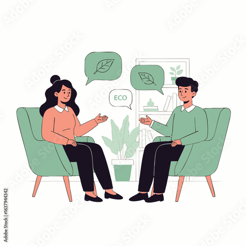 Two diverse individuals engage in a meaningful conversation about environmental sustainability, discussing green solutions and eco-conscious living.