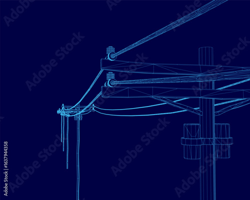 A 3D wireframe of an electrical power pole stands out against a blue background, composed of intricate lines and geometric shapes. The detailed representation highlights the structure of powerlines.