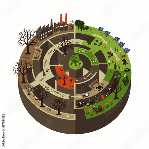 Visual representation highlighting the critical global environmental contrast between industrial pollution and a thriving, sustainable, eco-friendly future.