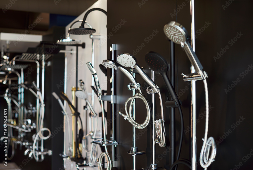 Obraz premium Assortment of new shower heads in a plumbing store, close-up. Variety of modern chrome and silver metal shower heads on black background. Wholesale and retail plumbing trade, exhibition