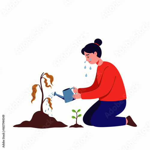 A heartbroken woman tearfully waters a dying plant, contrasting with a vibrant new sprout, symbolizing resilience, hope, and the cycle of life.