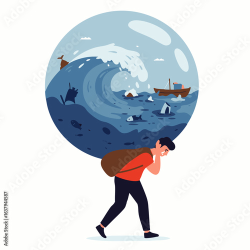 A person struggles to carry the immense burden of a polluted, stormy ocean, symbolizing the overwhelming global environmental crisis and the urgent need for climate action.