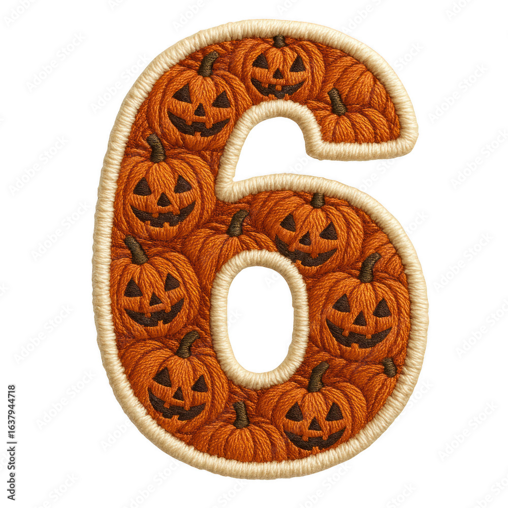 Embroidered numeral six featuring jack o' lantern pumpkin textures embroidery sticker isolated on transparent background. PNG die-cut for advertising Embroidered numeral six featuring jack o' lantern pumpkin textures embroidery sticker isolated on transparent background. PNG die-cut for advertising