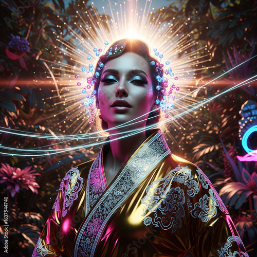 the woman is wearing a shiny/glossy golden kimono in the sunlight, in the style of cyberpunk realism, enigmatic tropics full of light, glamorous hollywood photorealistic portraits, detailed character 