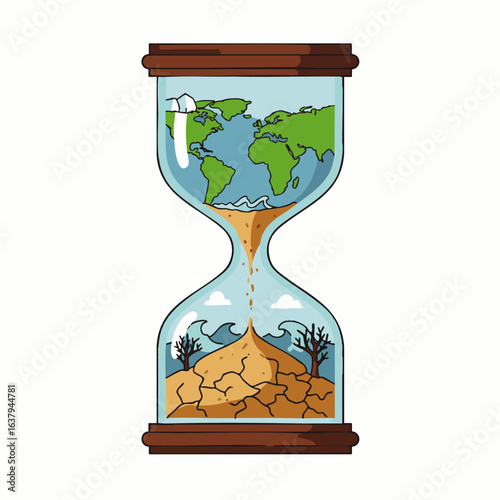 This evocative hourglass illustration powerfully symbolizes the urgent global environmental crisis, depicting a vibrant world transforming into a desolate landscape.