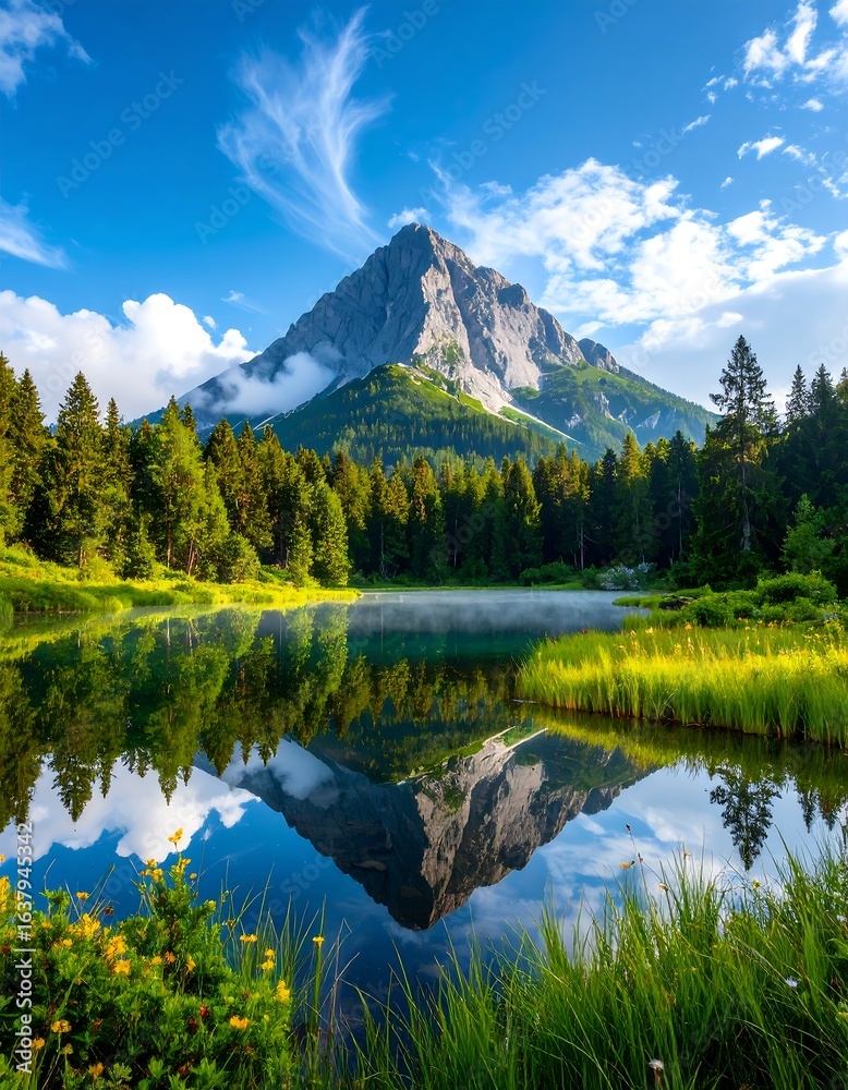 Serene mountain lake reflecting peak, lush greenery, and clear sky Serene mountain lake reflecting peak, lush greenery, and clear sky
