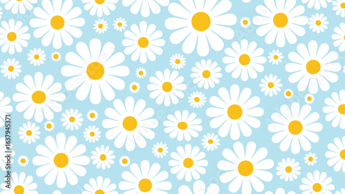 Seamless pattern of white daisies with yellow centers on a light blue background creating a floral design