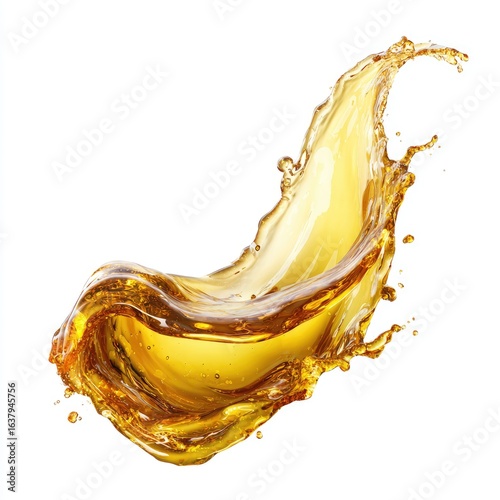 Golden liquid splash, dynamic arc against white