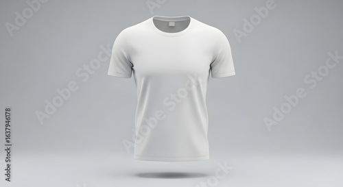 Blank white t-shirt mockup floating on a clean gray studio background. 3D rendered apparel template for design presentation.